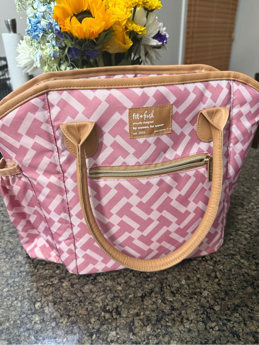 Pink Geometric lunch Tote Bag with Tan Trim